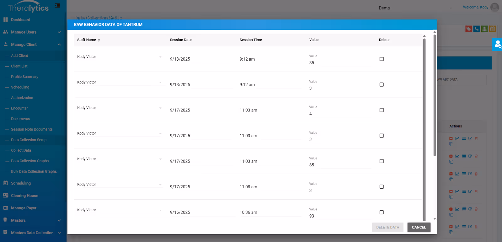 Raw Behavior Data of Tantrum panel listing each recorded instance by staff member, session date, time and value