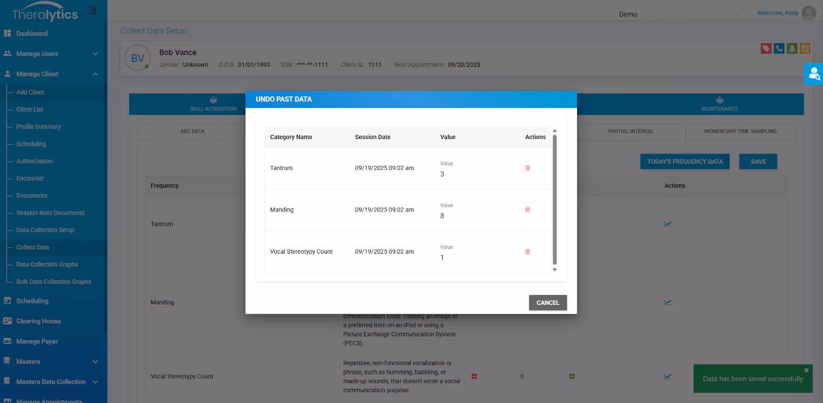 Undo Past Data panel listing Tantrum, Manding and Vocal Stereotypy Count entries with session dates and values, each removable